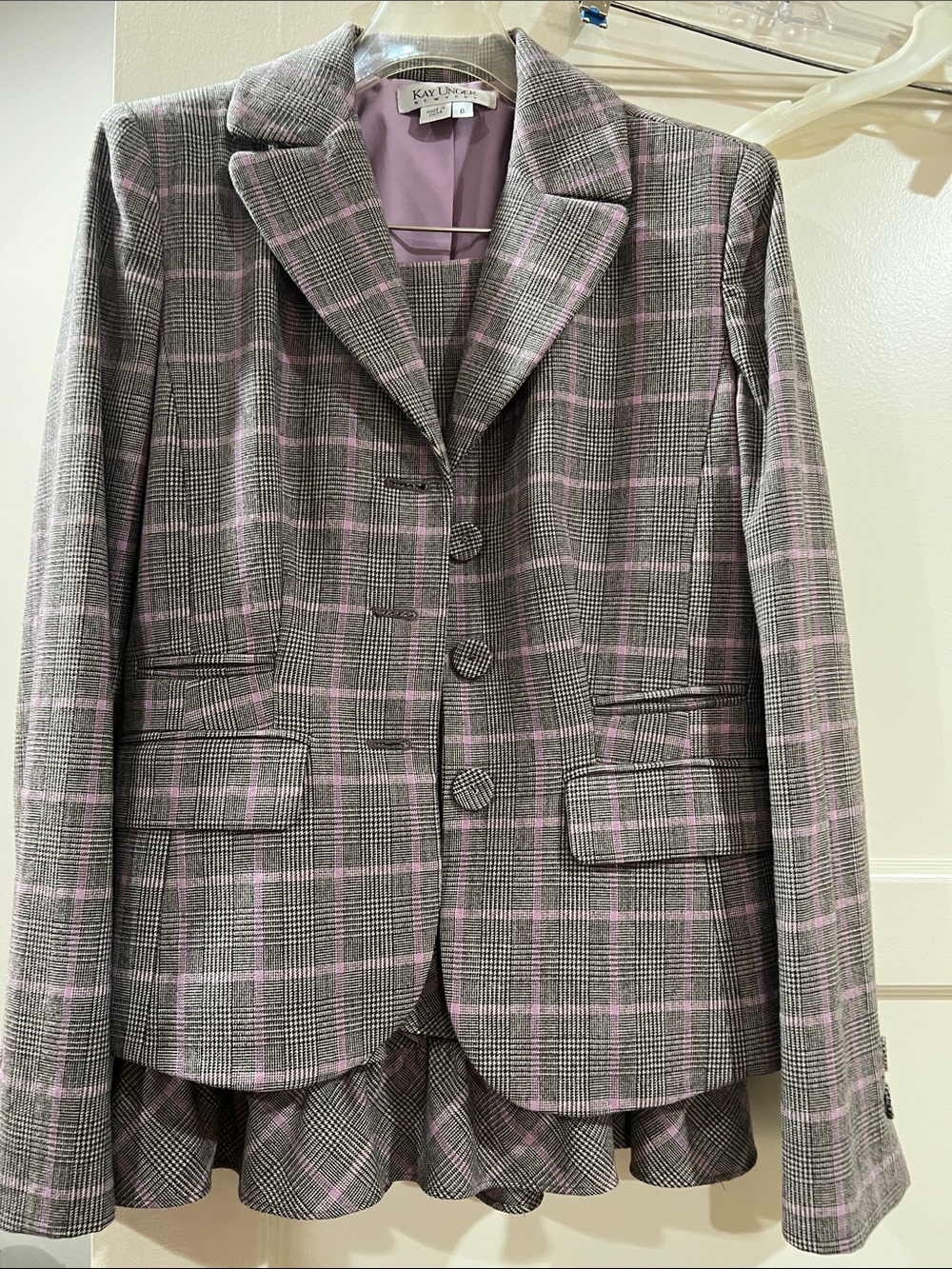 Kay Unger Gray Plaid Blazer with Pink Windowpane